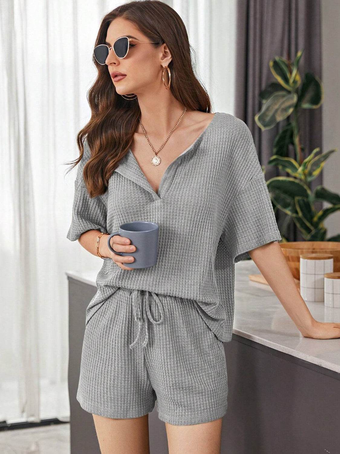 Full Size Waffle-Knit Dropped Shoulder Top and Shorts Set - DaTrendStore.Com
