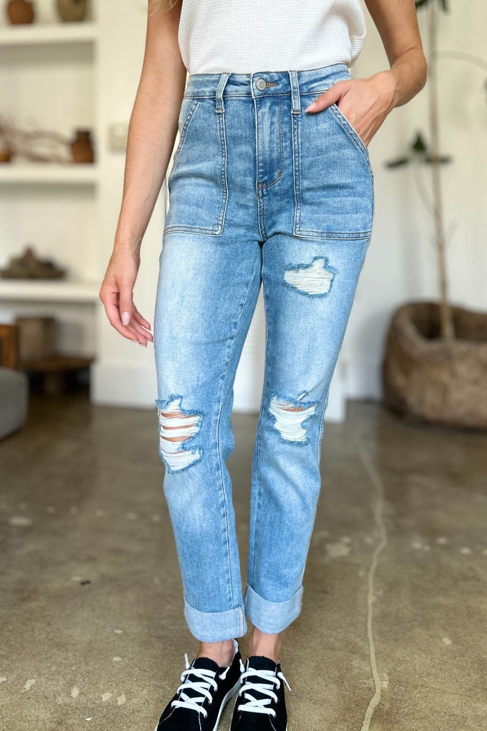 Judy Blue Full Size Distressed Straight Jeans with Patch Pockets - DaTrendStore.Com