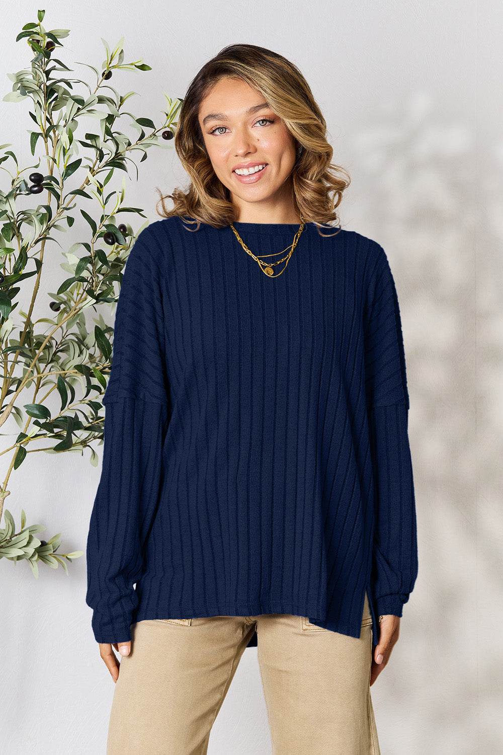 Basic Bae Full Size Ribbed Round Neck Slit Knit Top - DaTrendStore.Com