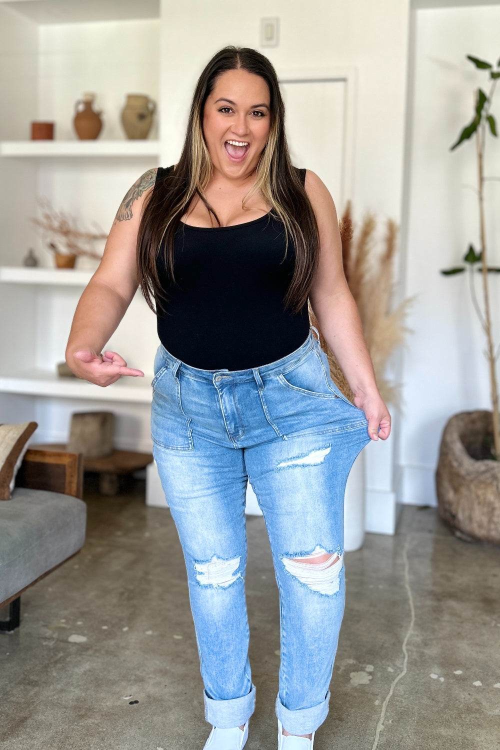 Judy Blue Full Size Distressed Straight Jeans with Patch Pockets - DaTrendStore.Com