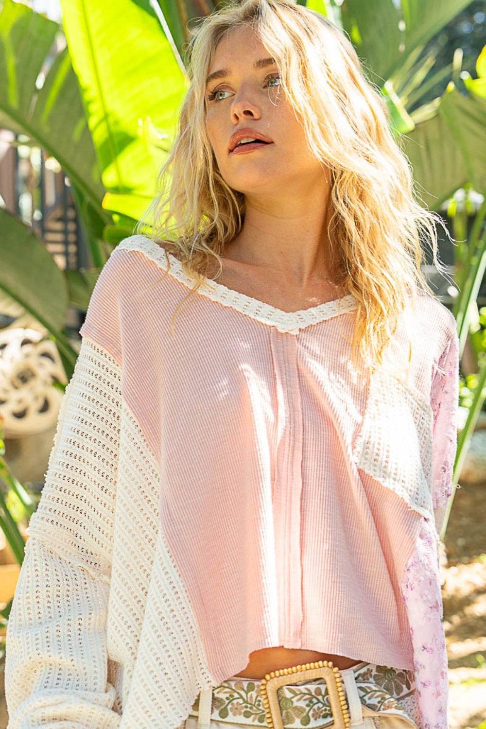 POL V-Neck Floral Patch Ribbed Knit Top - DaTrendStore.Com