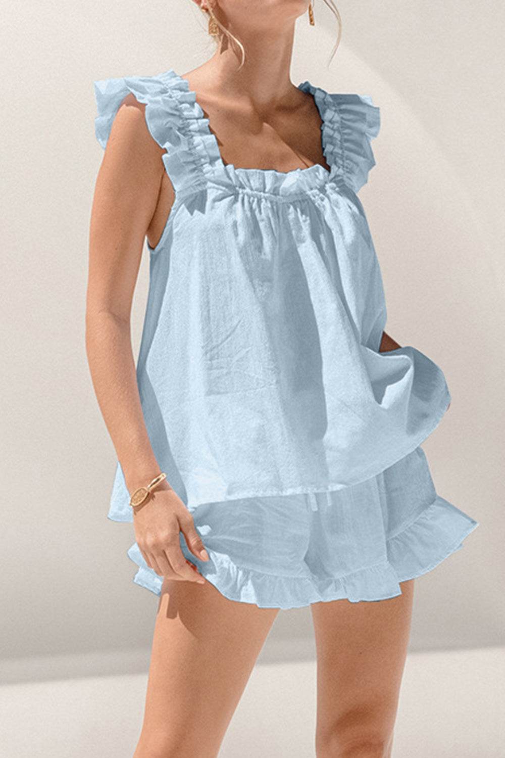 Ruffled Square Neck Top and Shorts Set - DaTrendStore.Com