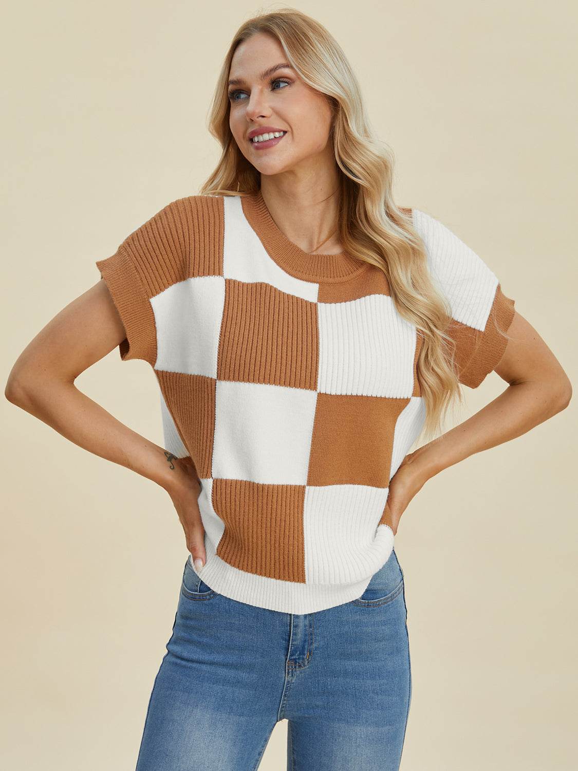 Double Take Full Size Checkered Round Neck Short Sleeve Sweater - DaTrendStore.Com