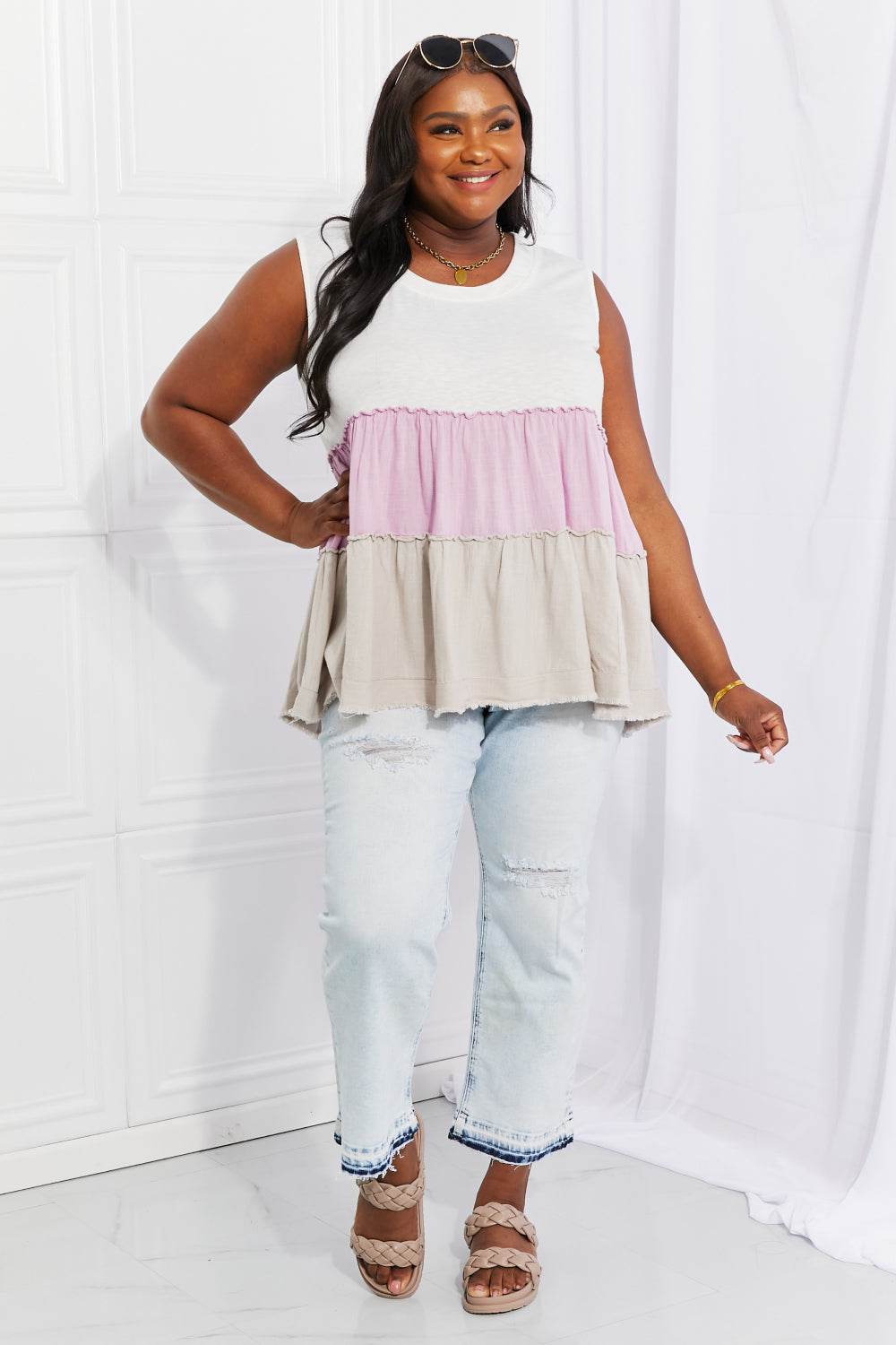 White Birch Full Size Watching the Sunset Color Block Babydoll Top - DaTrendStore.Com