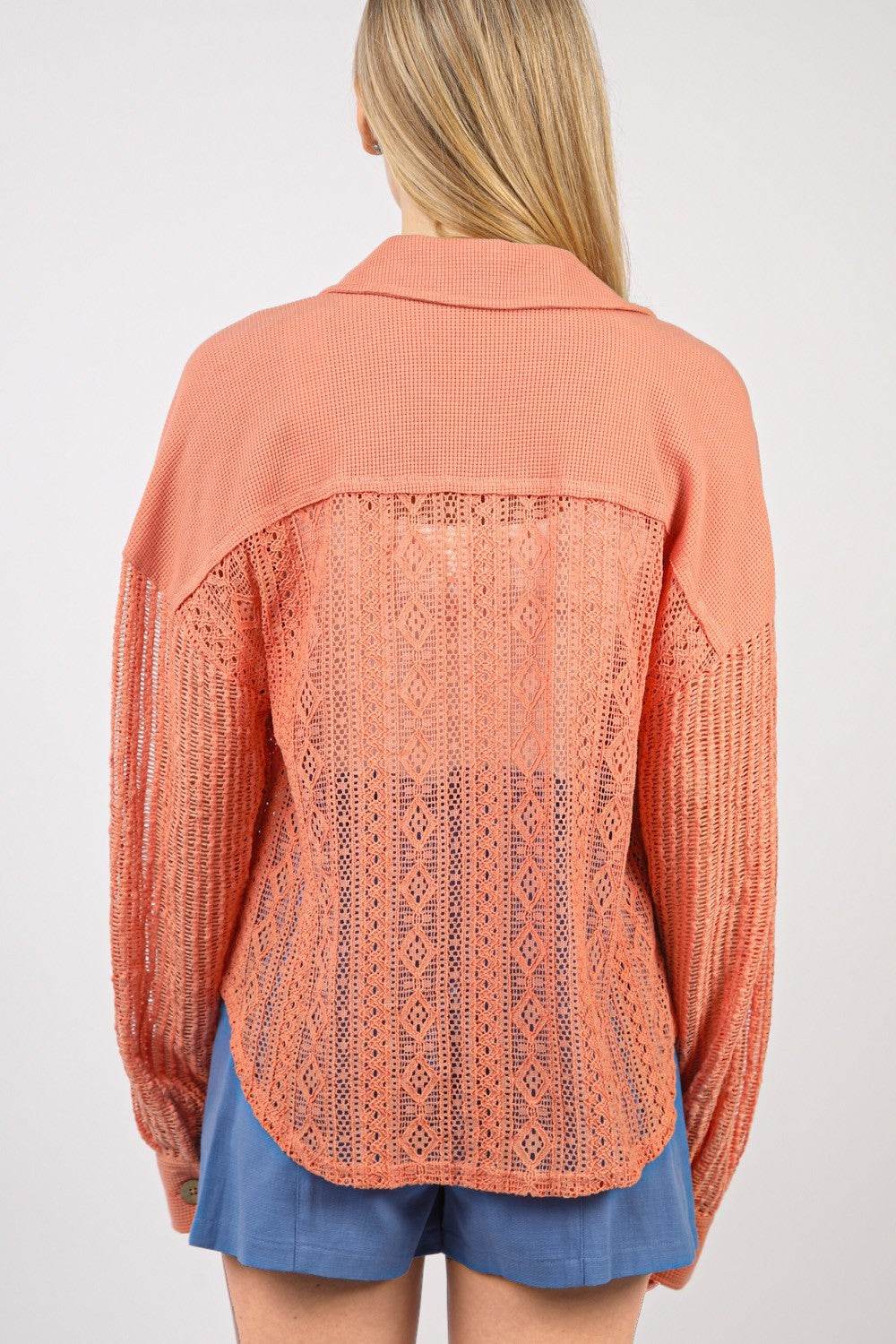 VERY J Button Up Long Sleeve Lace Shirt - DaTrendStore.Com