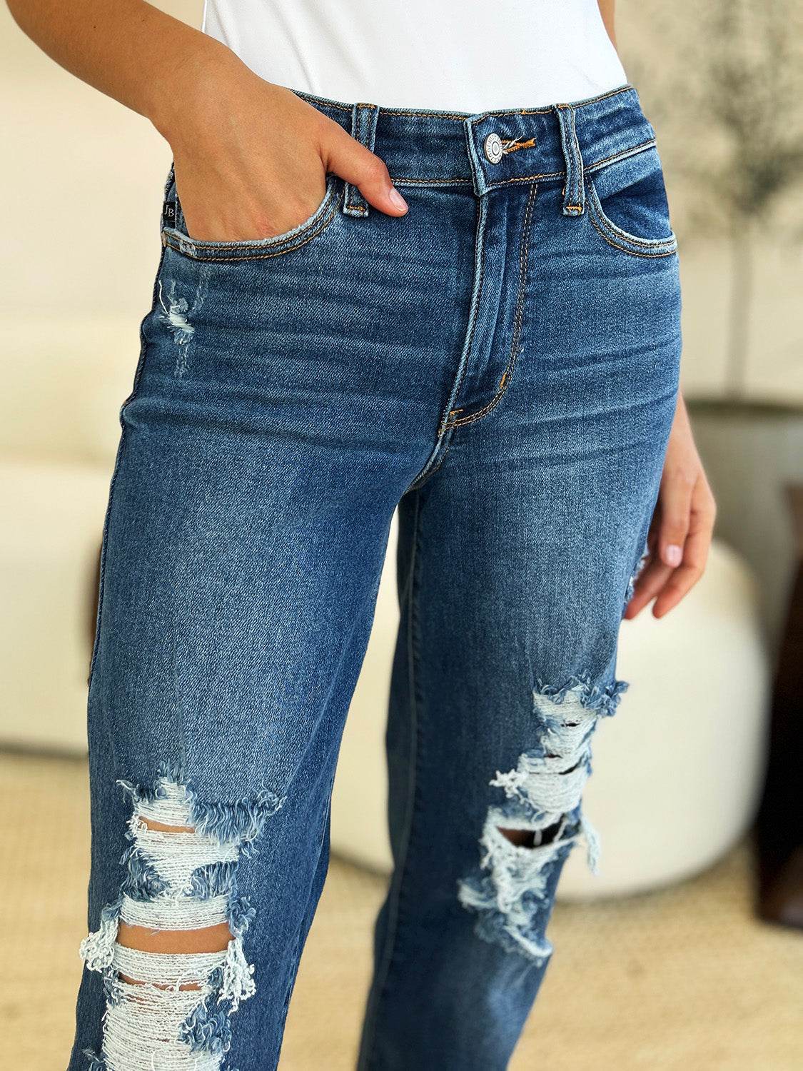 Judy Blue Full Size Mid Rise Distressed Raw Hem Jeans - DaTrendStore.Com