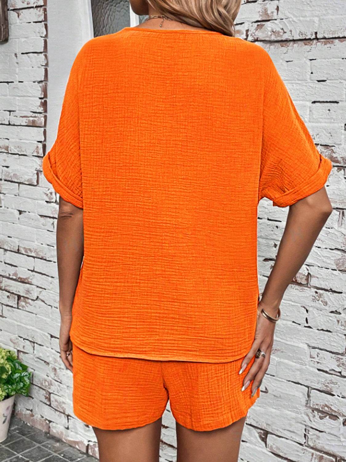 Notched Half Sleeve Top and Shorts Set - DaTrendStore.Com