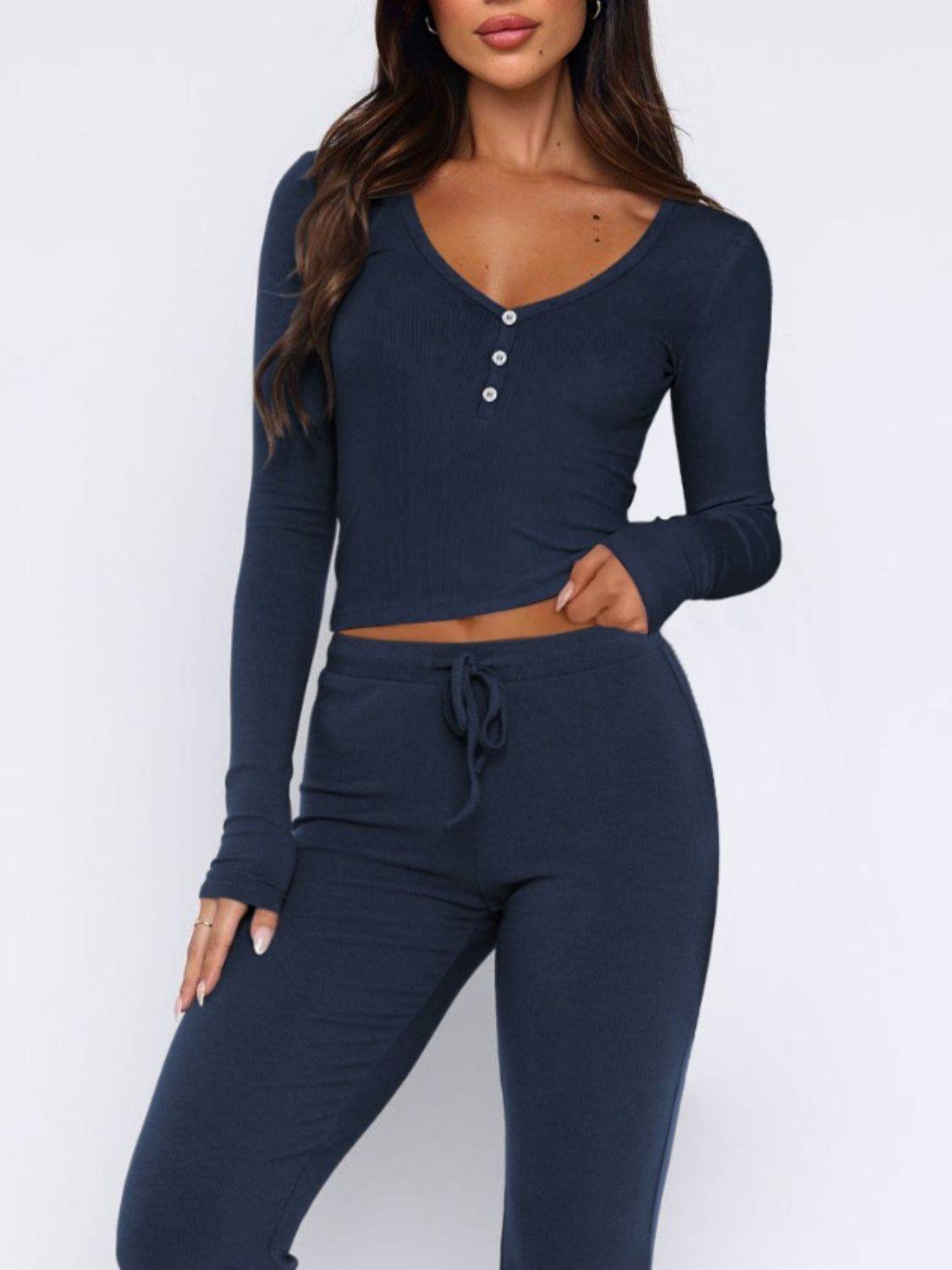 V-Neck Long Sleeve Top and Pants Set - DaTrendStore.Com