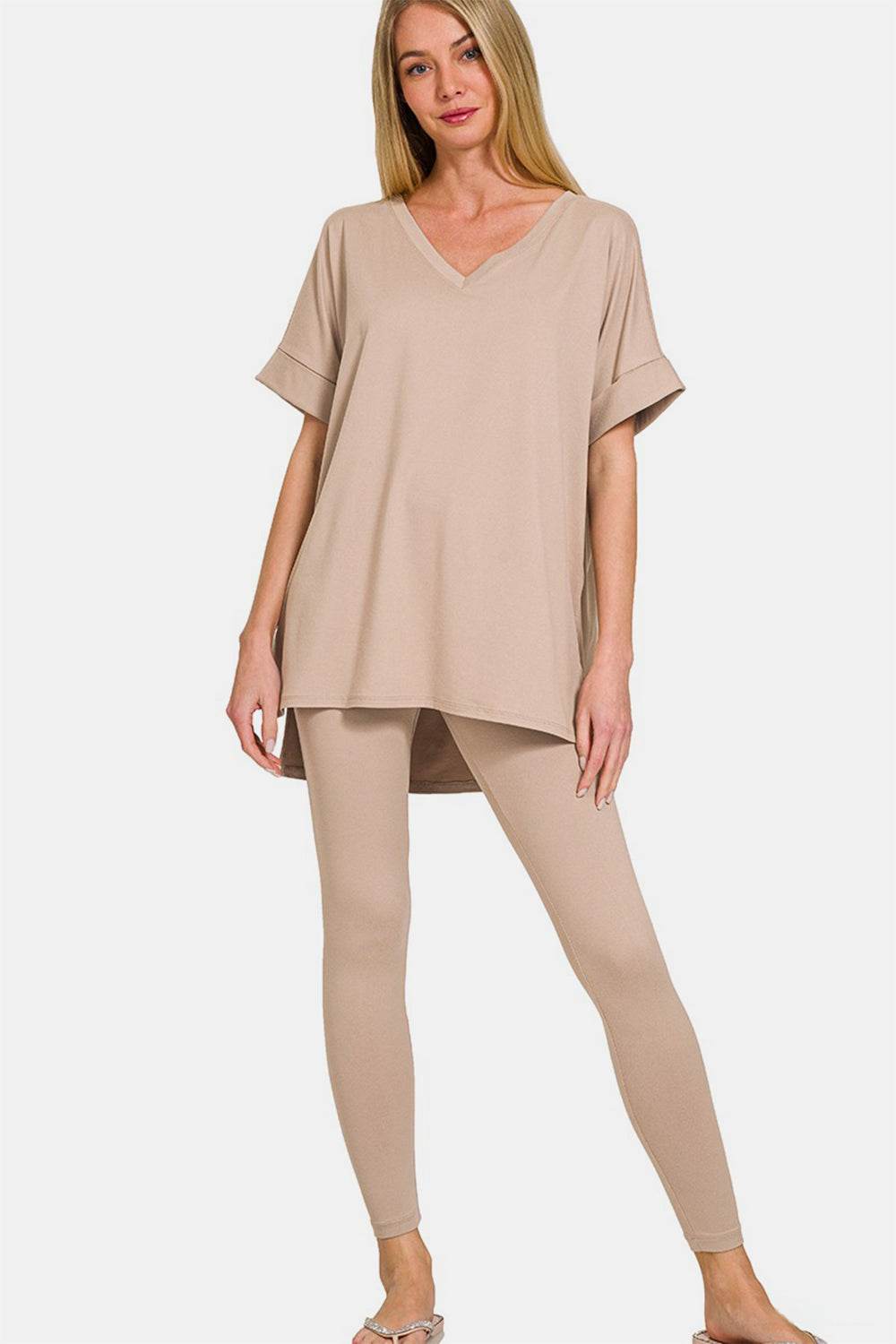 Zenana Full Size V-Neck Rolled Short Sleeve T-Shirt and Leggings Lounge Set - DaTrendStore.Com