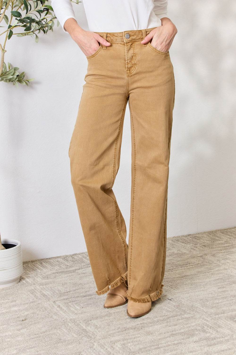 RISEN Full Size Fringe Hem Wide Leg Jeans - DaTrendStore.Com