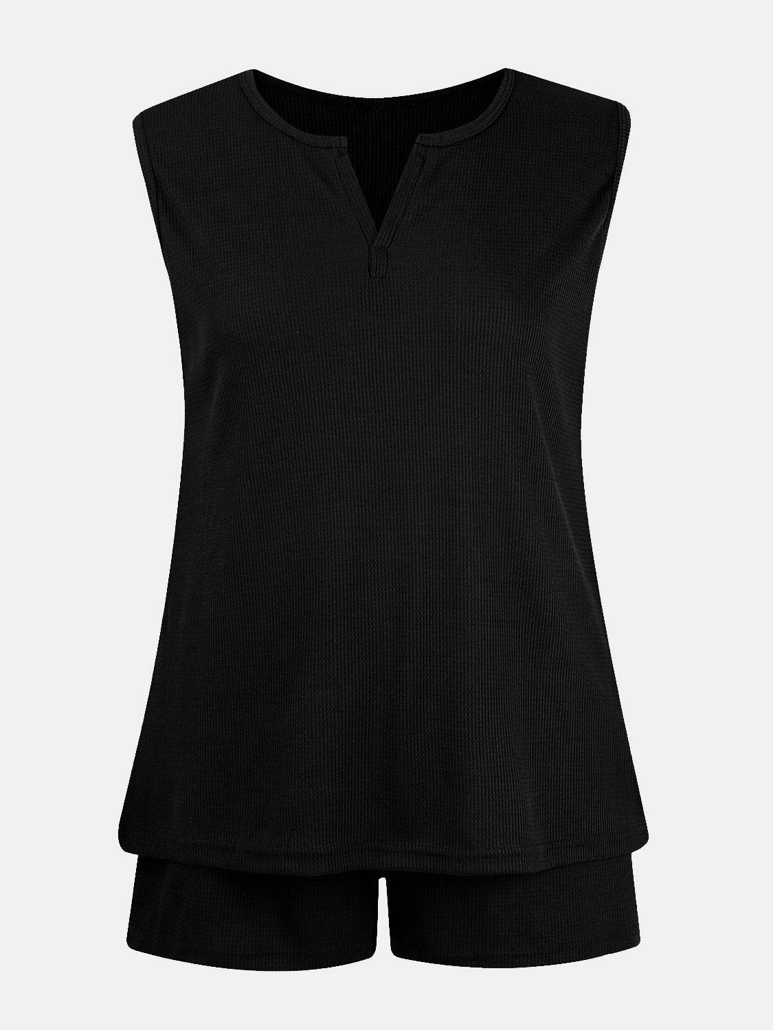 Full Size Waffle-Knit Notched Top and Shorts Set - DaTrendStore.Com