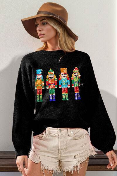 Double Take Full Size Sequin Nutcracker Long Sleeve Sweater - DaTrendStore.Com