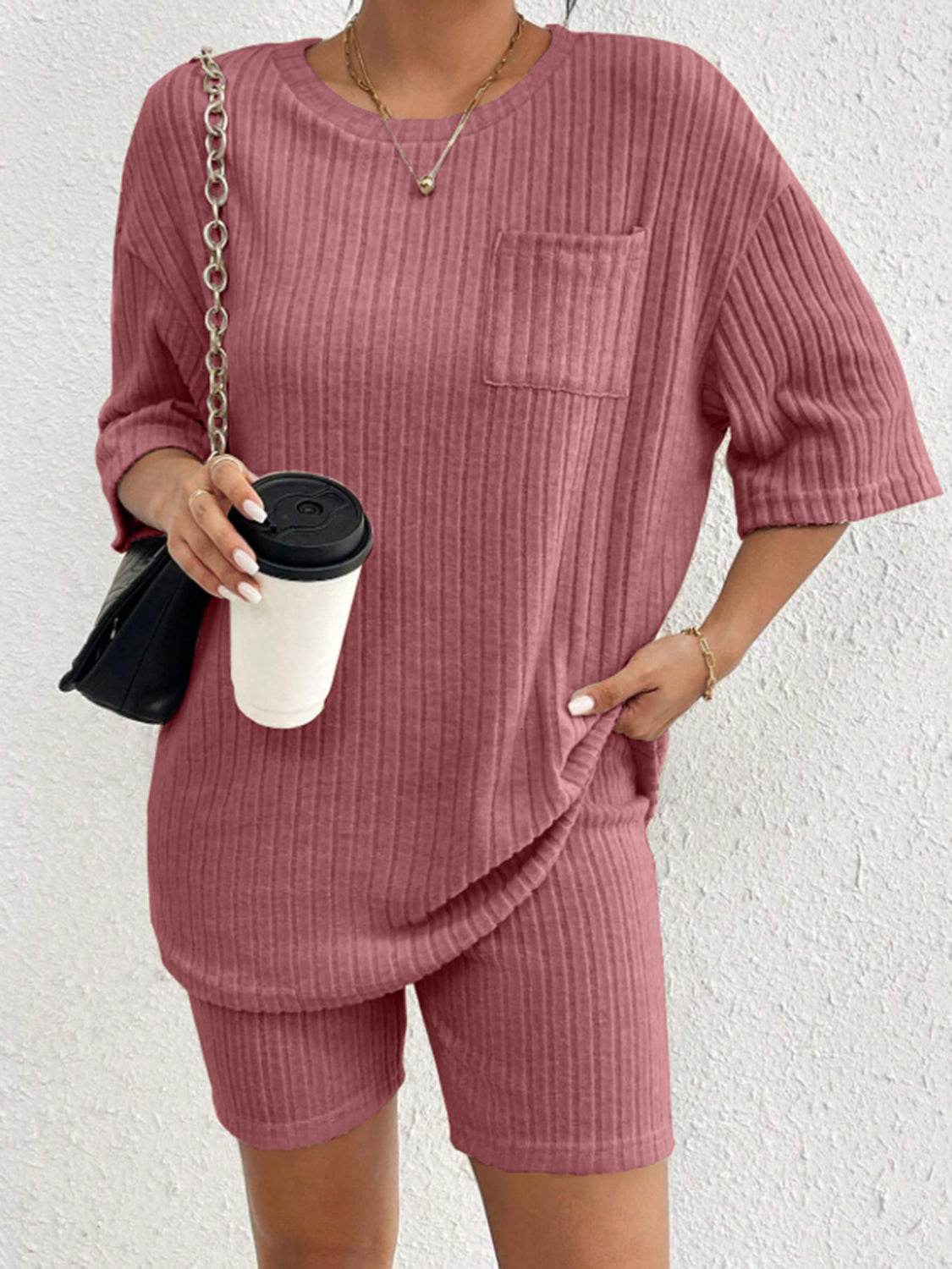 Ribbed Round Neck Top and Shorts Set - DaTrendStore.Com