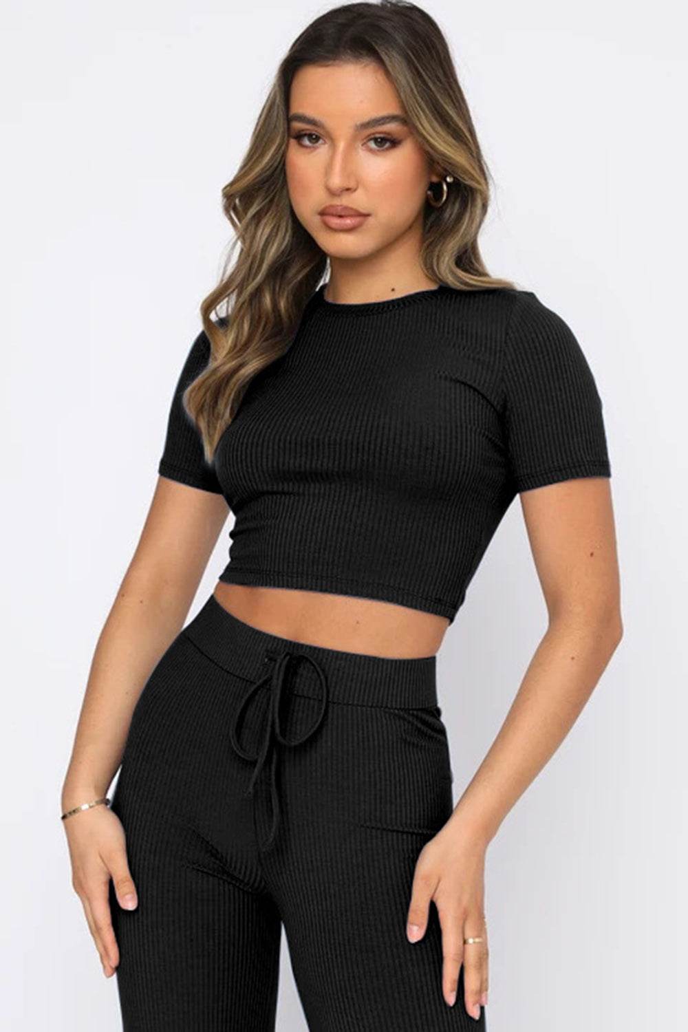 Round Neck Short Sleeve Top and Pants Set - DaTrendStore.Com