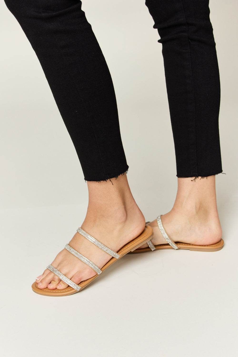 WILD DIVA Rhinestone Three-Strap Flat Sandals - DaTrendStore.Com
