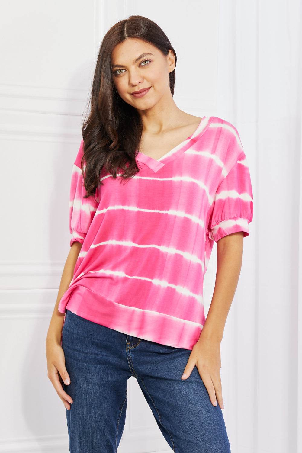 Yelete Full Size Oversized Fit V-Neck Striped Top - DaTrendStore.Com