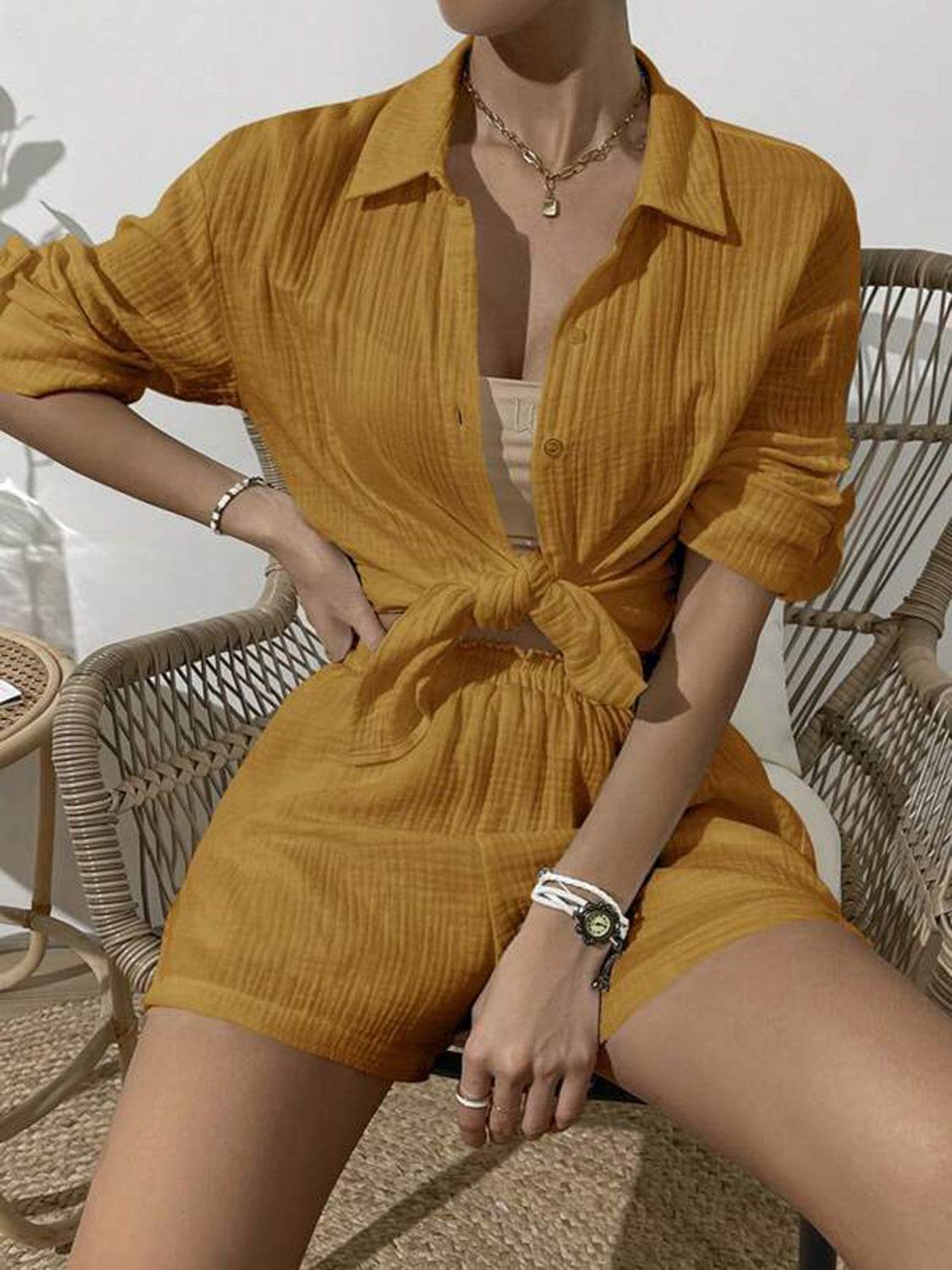 Dropped Shoulder Button Up Top and Elastic Waist Shorts Set - DaTrendStore.Com