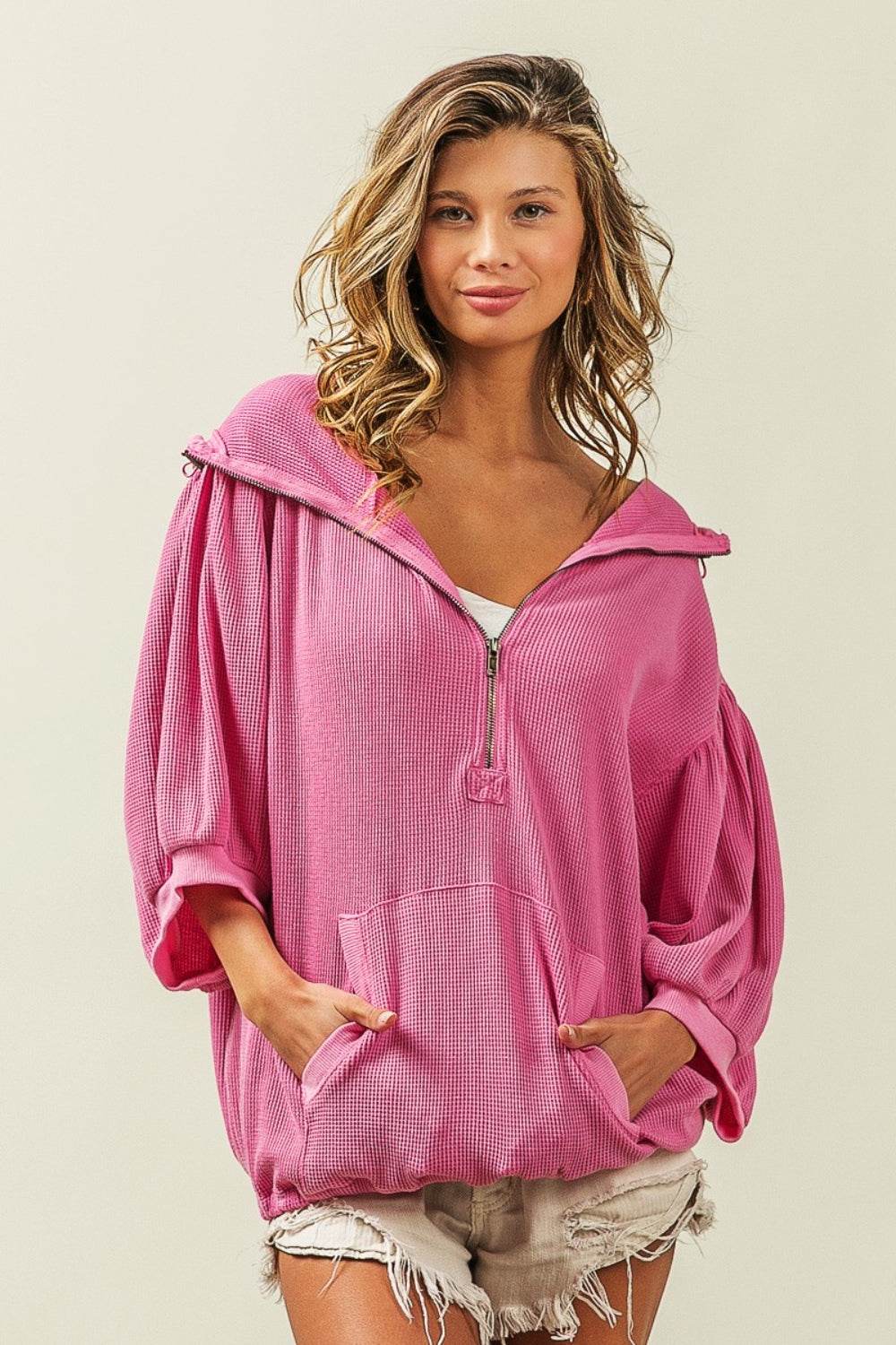 BiBi Waffle-Knit Half Zip Hooded Top - DaTrendStore.Com