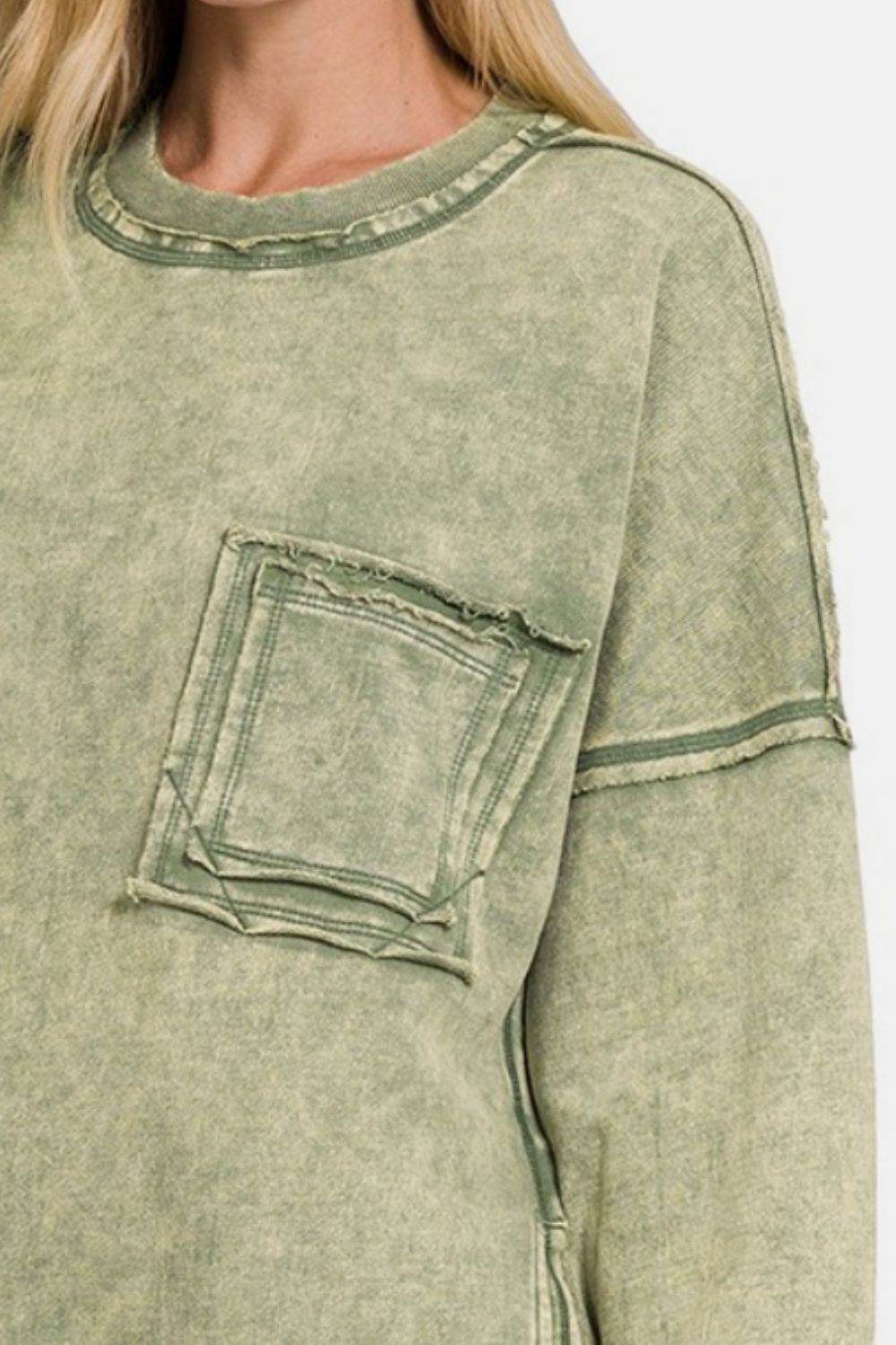 Zenana Exposed Seam Round Neck Dropped Shoulder Sweatshirt - DaTrendStore.Com