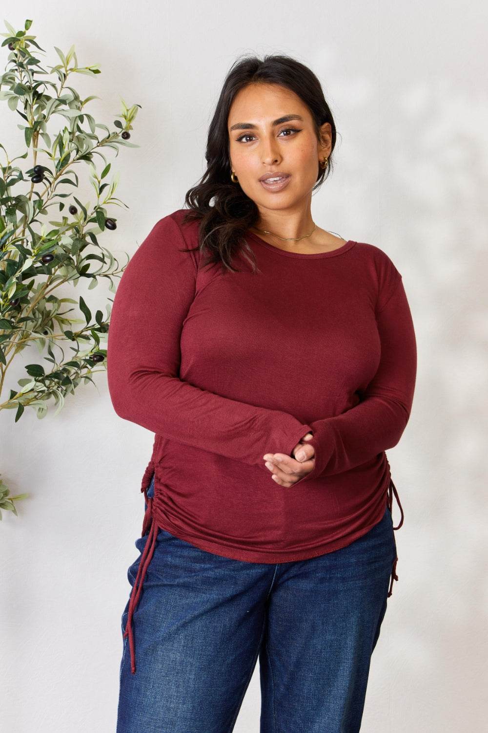 Culture Code Full Size Drawstring Round Neck Long Sleeve Top - DaTrendStore.Com