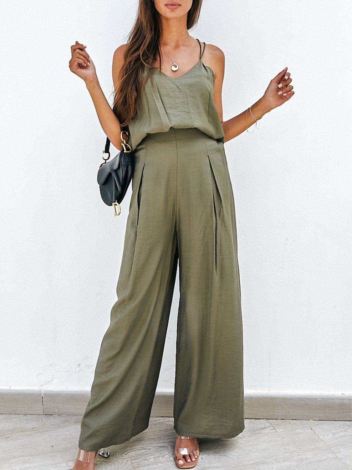 Spaghetti Strap Cami and Wide Leg Pants Set - DaTrendStore.Com