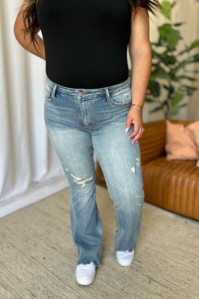 Judy Blue Full Size Medium Rise Tummy Control Destroy Flare - DaTrendStore.Com