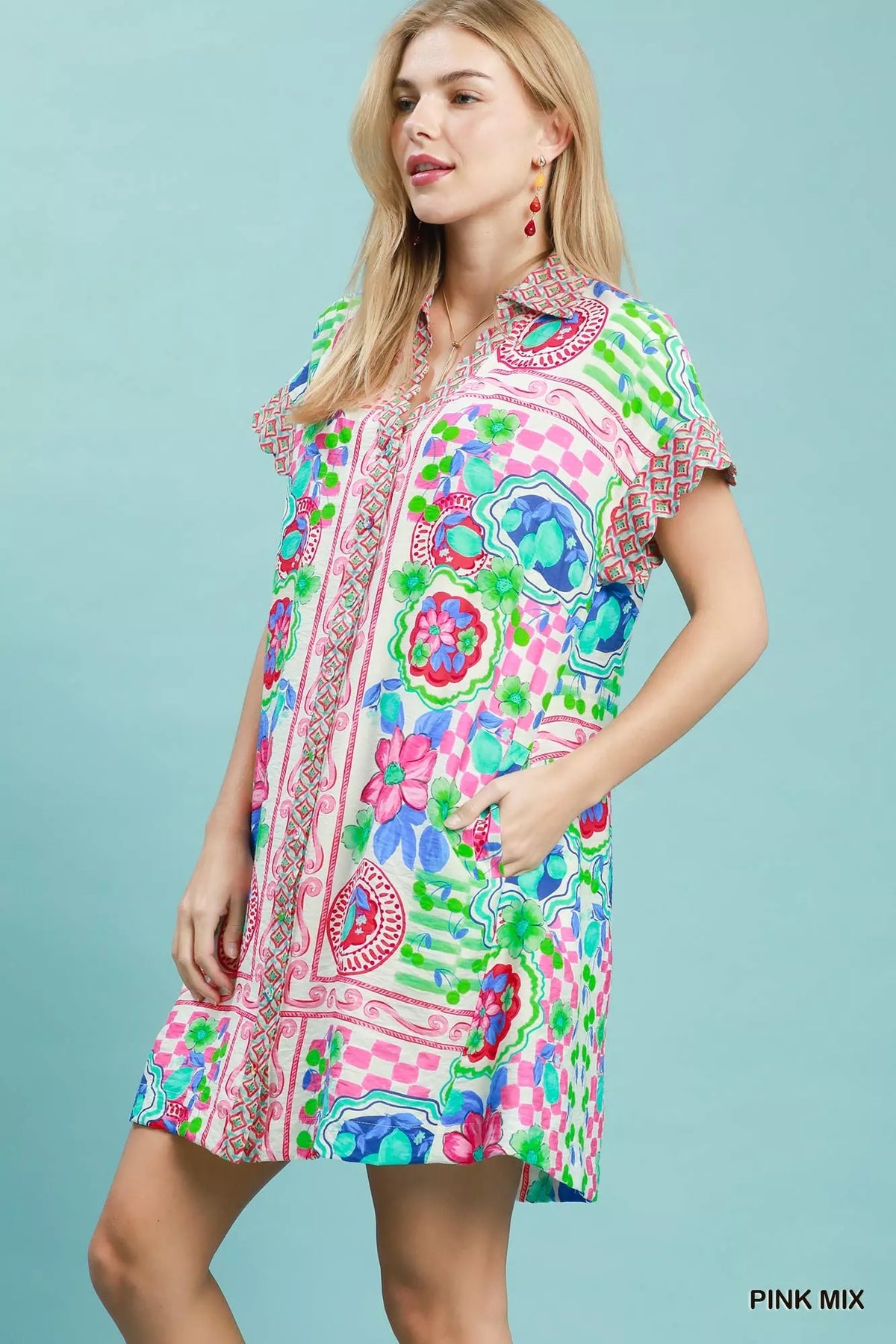 Umgee Mediterranean Print Dress with Contrast Printed Trim - Pink Mix