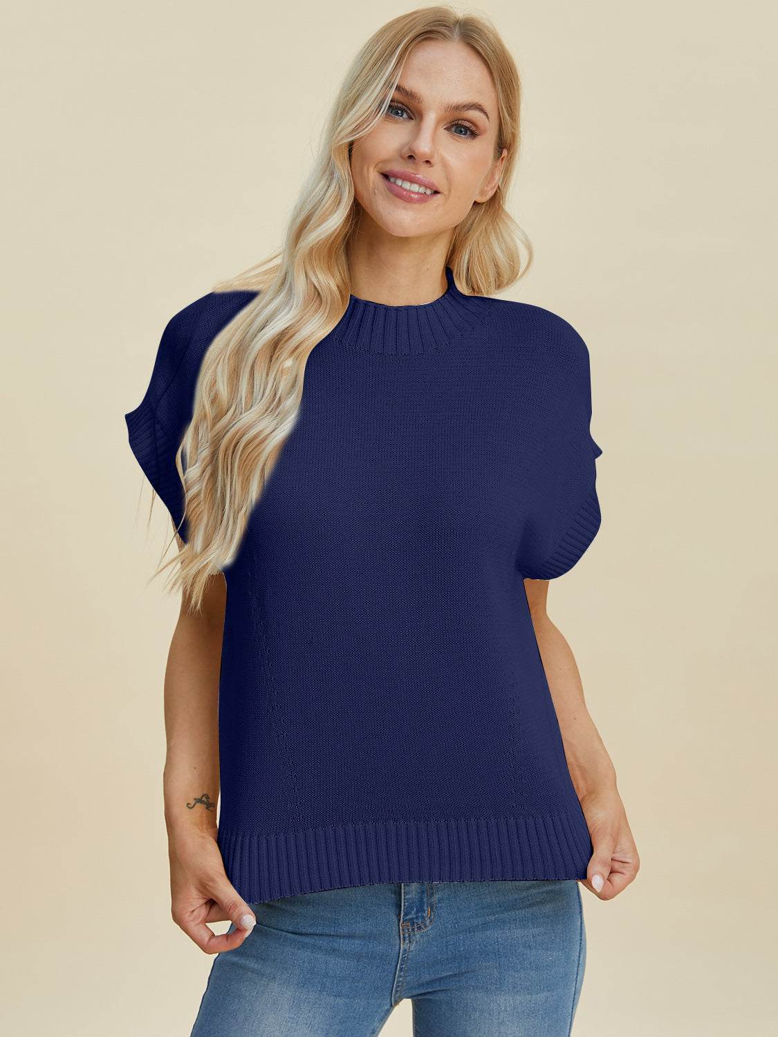 Double Take Full Size Mock Neck Short Sleeve Sweater - DaTrendStore.Com