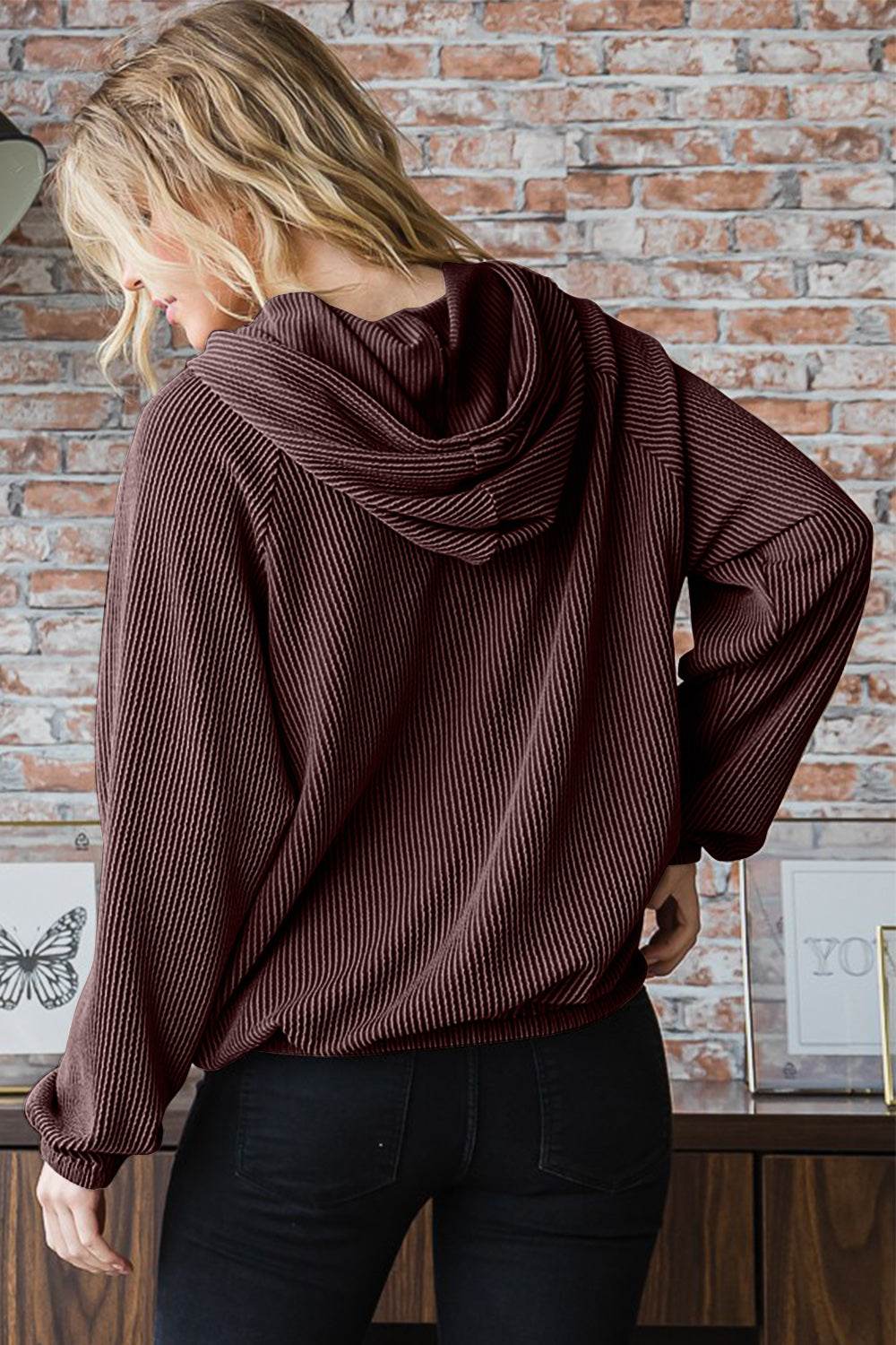 Heimish Ribbed Long Sleeve Hoodie with Kangaroo Pocket - DaTrendStore.Com