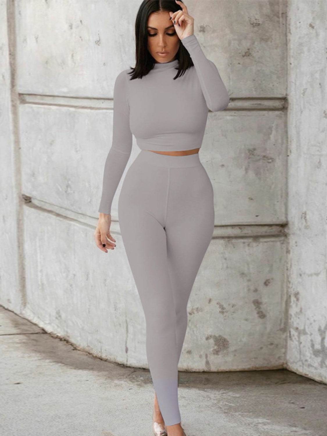 Mock Neck Long Sleeve Top and High Waist Pants Set - DaTrendStore.Com