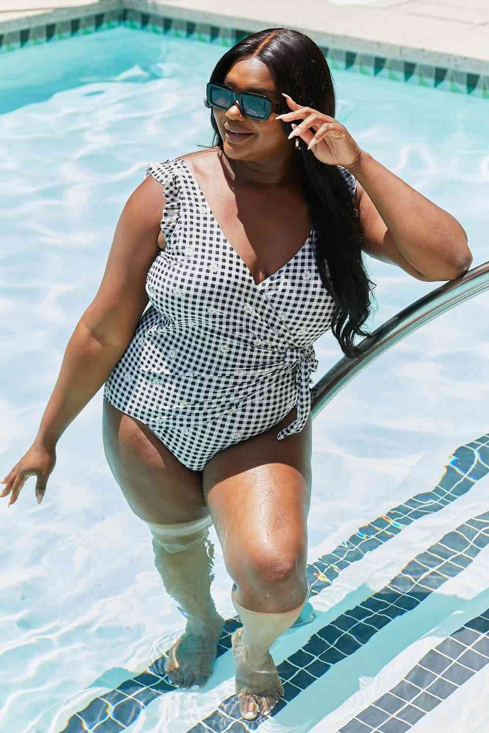 Marina West Swim Full Size Float On Ruffle Faux Wrap One-Piece in Black - DaTrendStore.Com