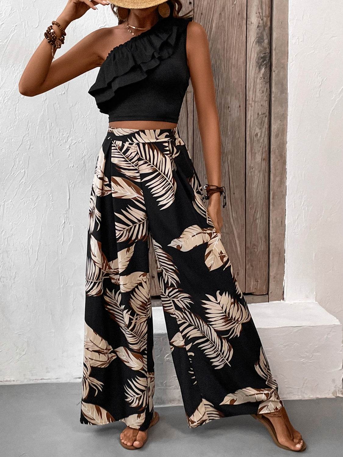 Honey Ruffled Sleeveless Top and Printed Pants Set - DaTrendStore.Com