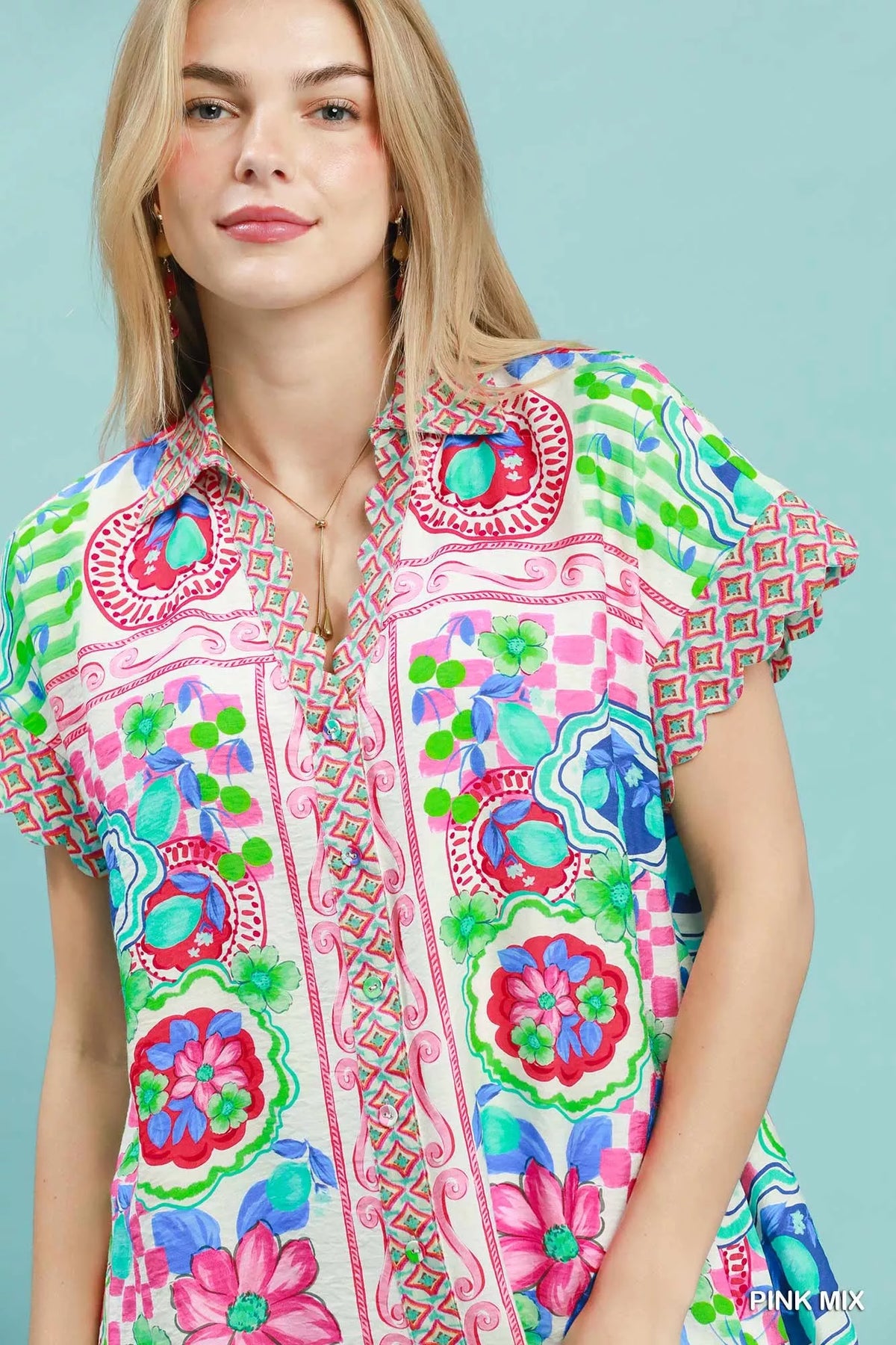 Umgee Mediterranean Print Dress with Contrast Printed Trim - Pink Mix