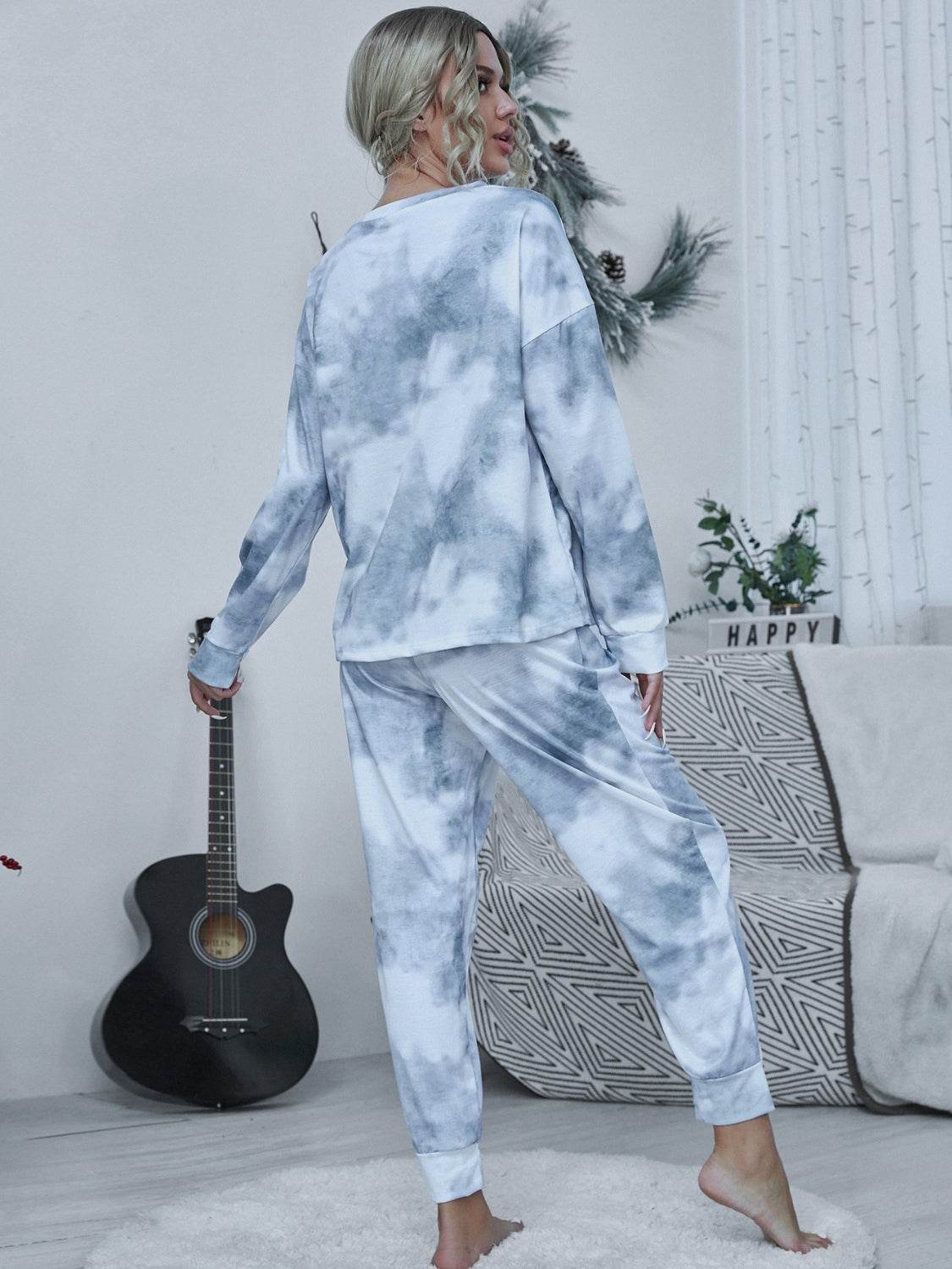 Shiny Tie-dye Round Neck Top and Drawstring Pants Lounge Set - DaTrendStore.Com