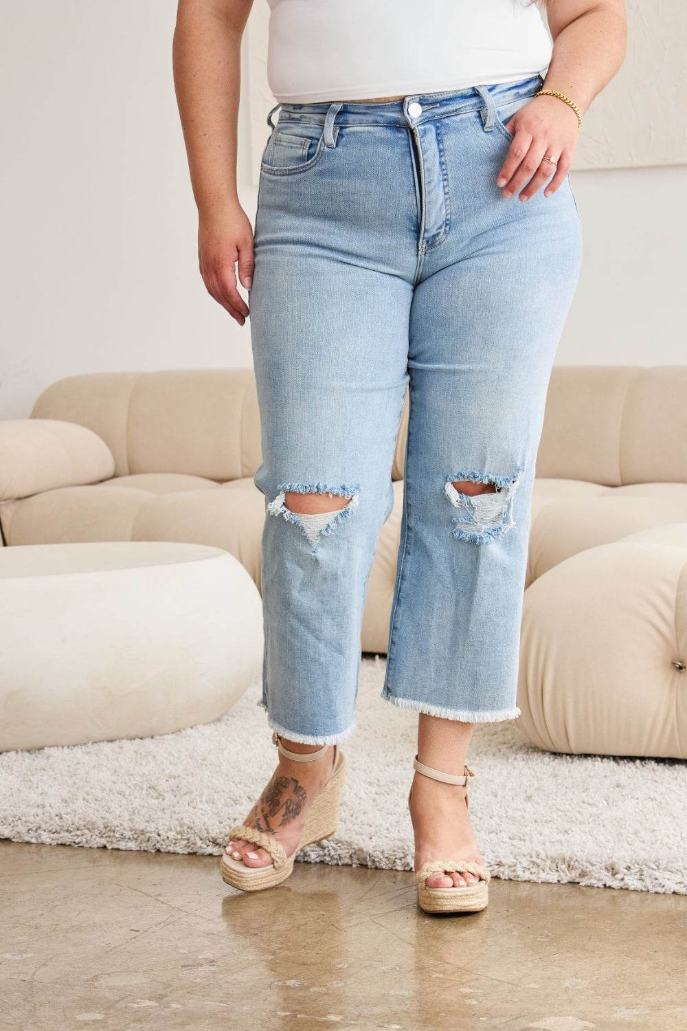 RFM Full Size Tummy Control High Waist Raw Hem Distressed Jeans - DaTrendStore.Com