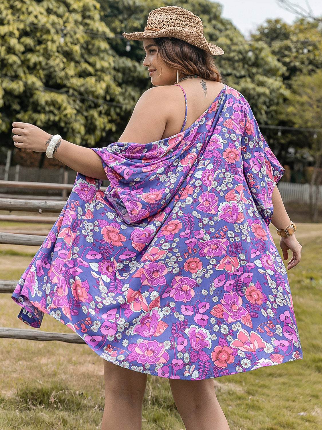 Plus Size Printed Cami, Open Front Cover Up and Shorts Set - DaTrendStore.Com