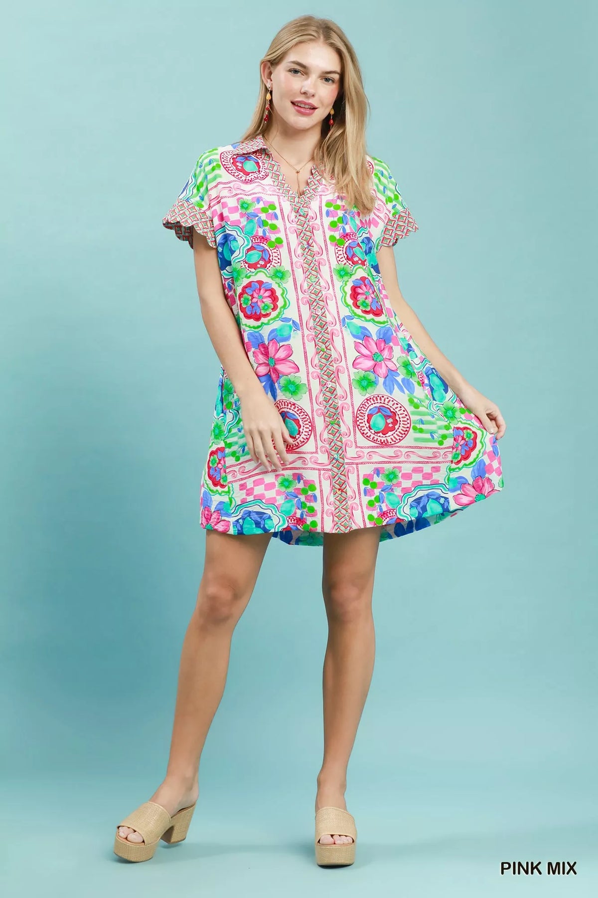 Umgee Mediterranean Print Dress with Contrast Printed Trim - Pink Mix