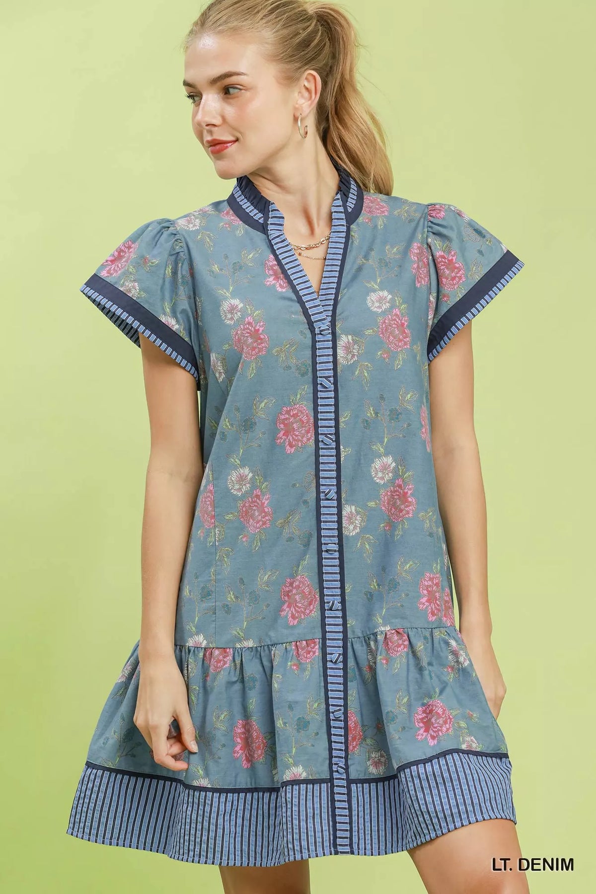 Umgee Floral Contrast Trim Ruffle Hem Mini Dress - Lt. Denim
