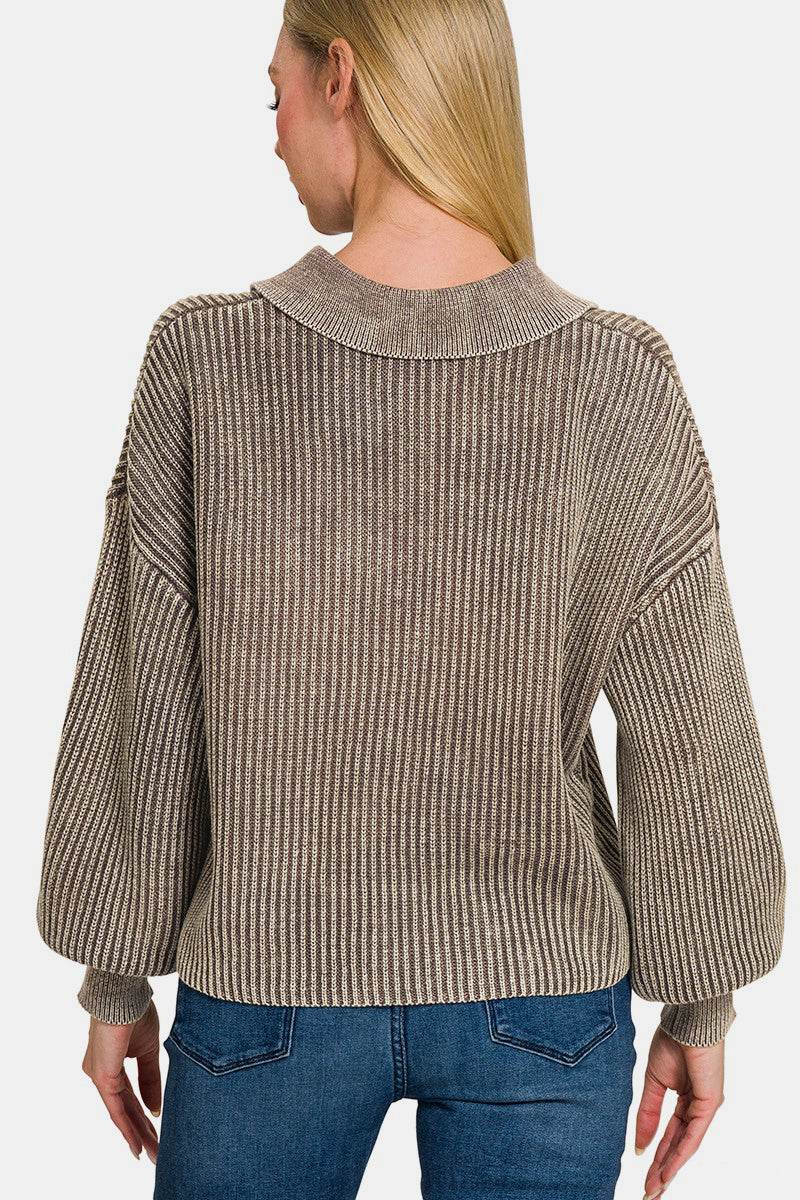 Zenana Washed Half Button Long Sleeve Sweater - DaTrendStore.Com