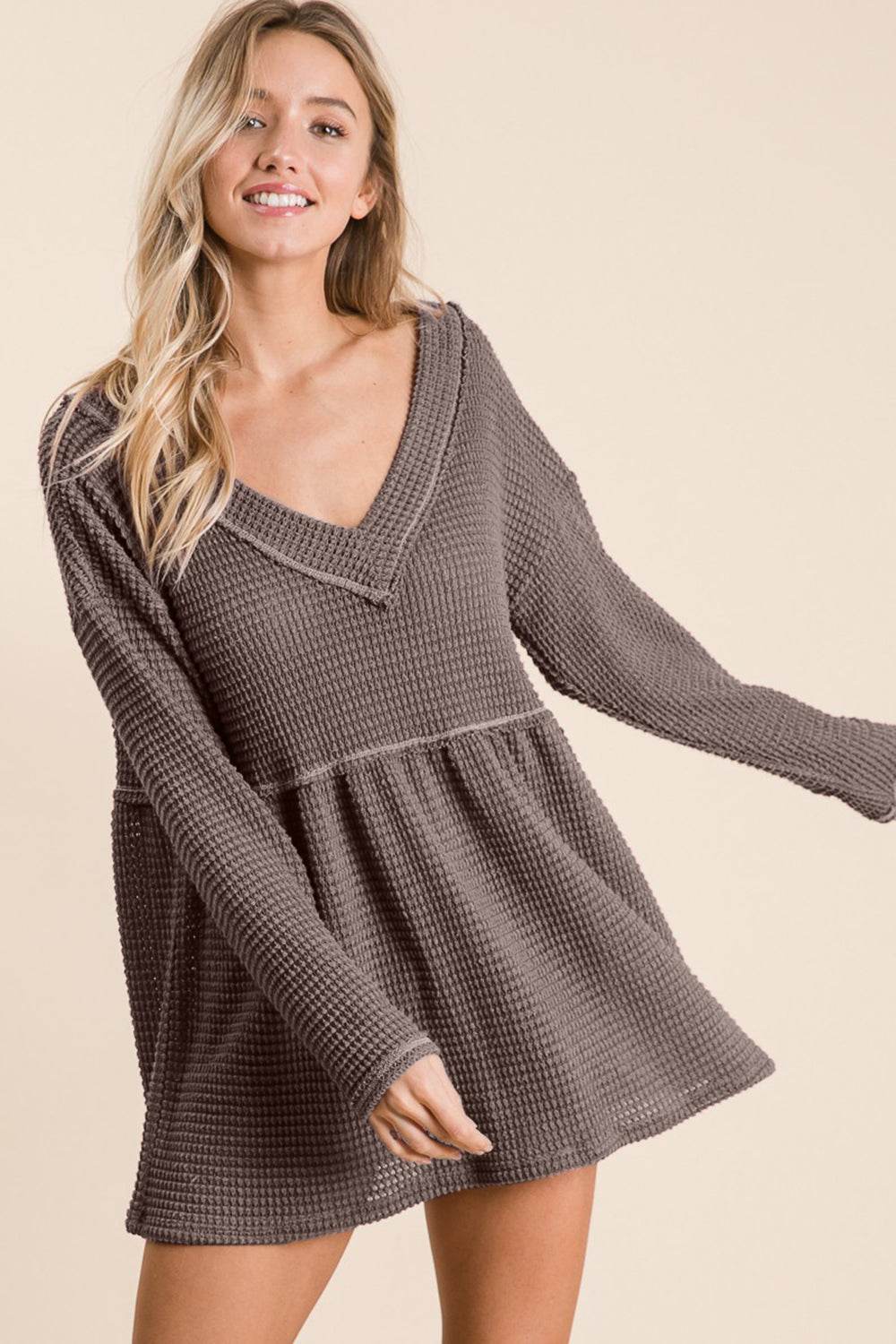 BiBi Waffle Knit V-Neck Babydoll Blouse - DaTrendStore.Com