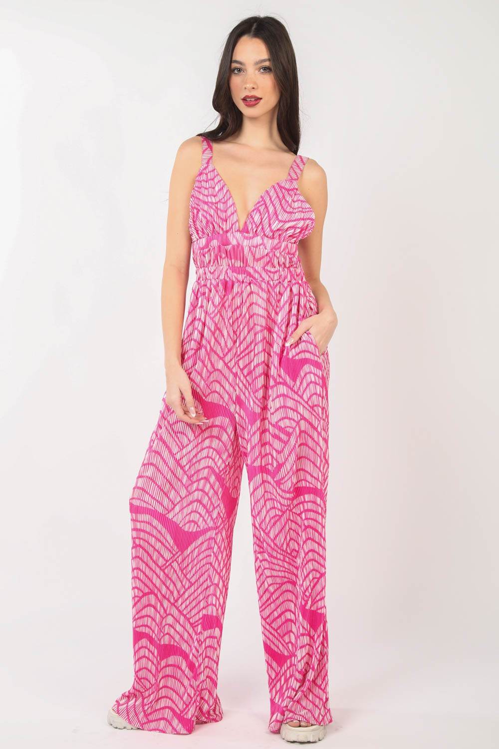 VERY J Printed Pleated Sleeveless Wide Leg Jumpsuit - DaTrendStore.Com