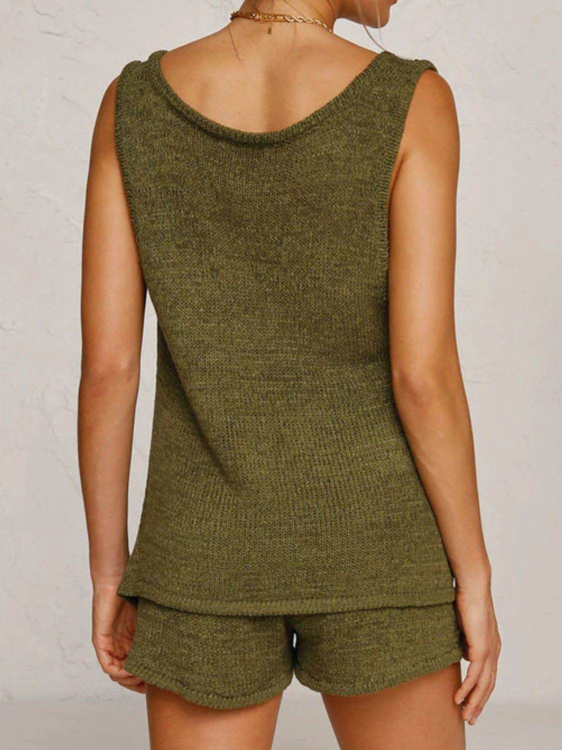 V-Neck Sleeveless Top and Drawstring Shorts Sweater Set - DaTrendStore.Com