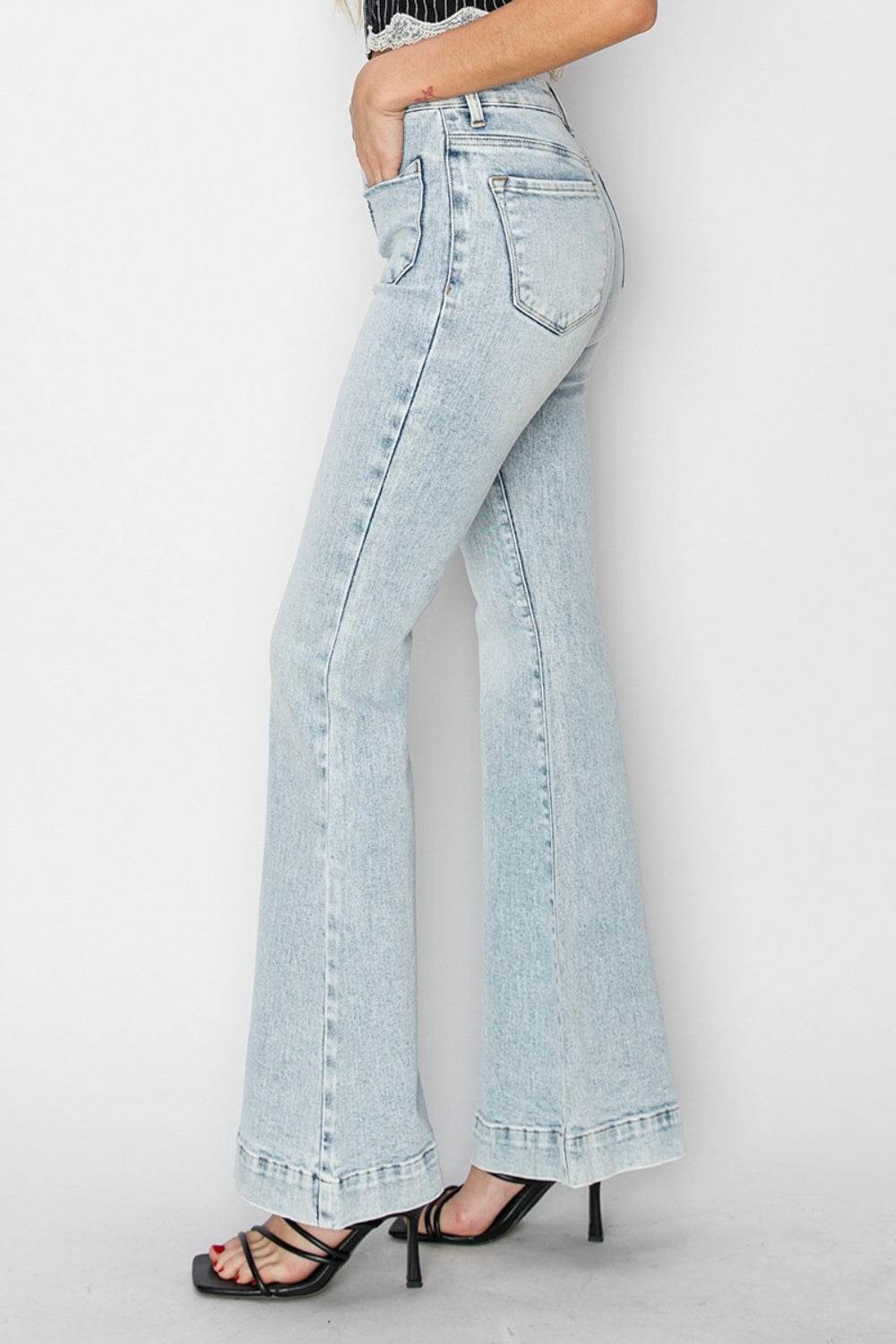 Risen Full Size High Rise Front Patch Pocket Flare Jeans - DaTrendStore.Com