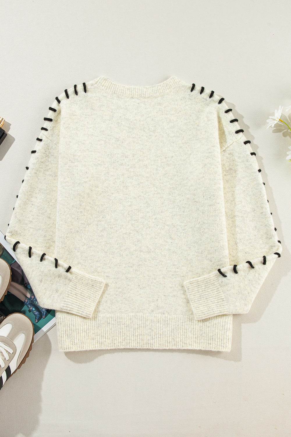 Contrast Stitch Detail Ribbed Trim Sweater - DaTrendStore.Com