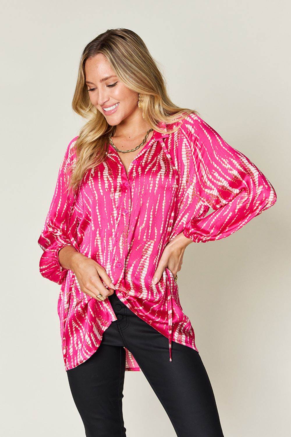 Double Take Full Size Printed Button Up Long Sleeve Shirt - DaTrendStore.Com