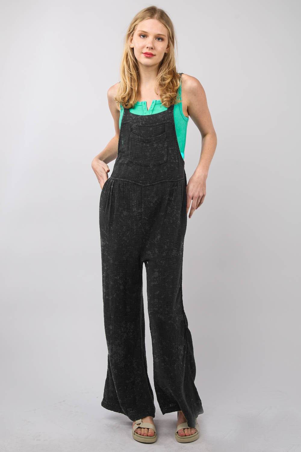 VERY J Texture Washed Wide Leg Overalls - DaTrendStore.Com