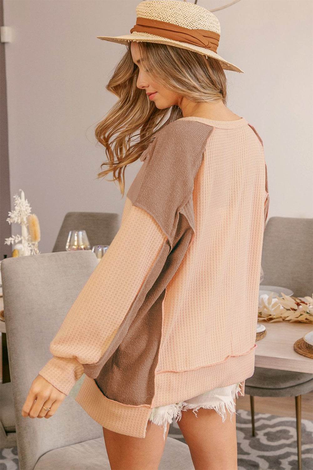 BiBi Half Button Exposed Seam Contrast Waffle Top - DaTrendStore.Com
