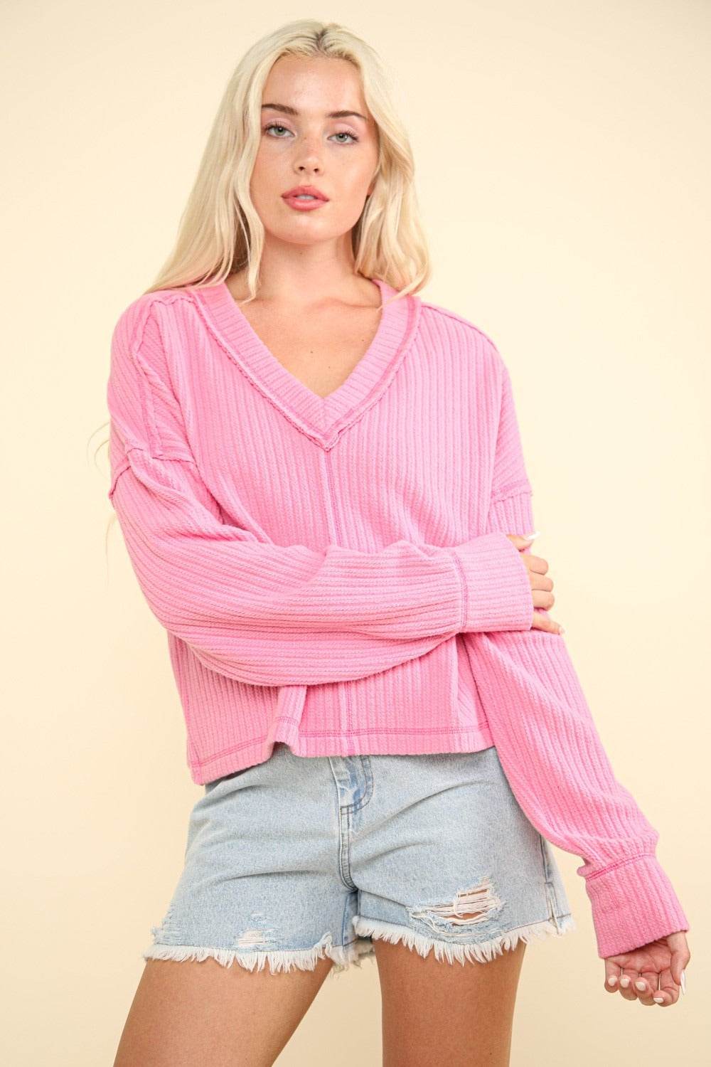 VERY J Exposed Seam V-Neck Ribbed Knit Top - DaTrendStore.Com