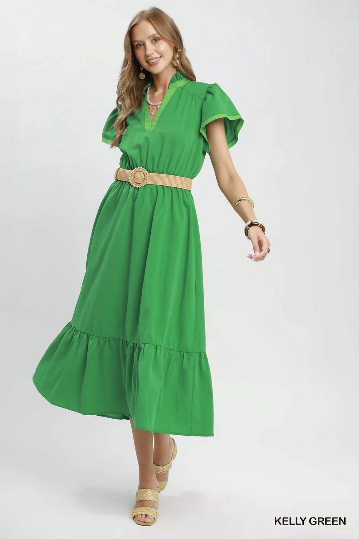 Umgee Contrast Trim Midi Dress with Tiered Ruffle Hem - Kelly Green