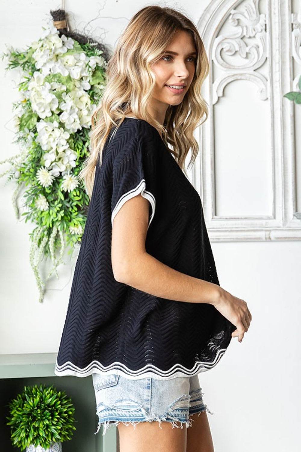 First Love Full Size Contrast Wavy Crochet Drop Shoulder Knit Top - DaTrendStore.Com